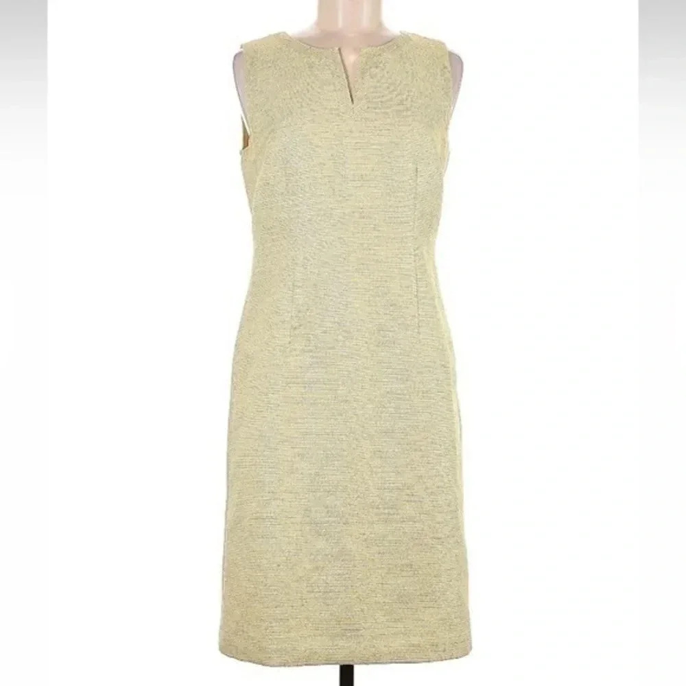 Talbots Gold Yellow Metallic Tweed Wool Blend Cocktail Shift Dress Size 4 Small